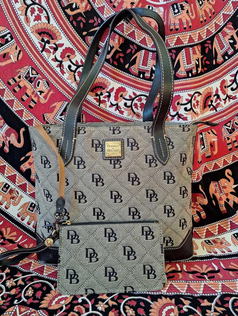 Vintage Dooney & Bourke Grey Canvas Signature Monogram Tote Bag and Wristlet Set